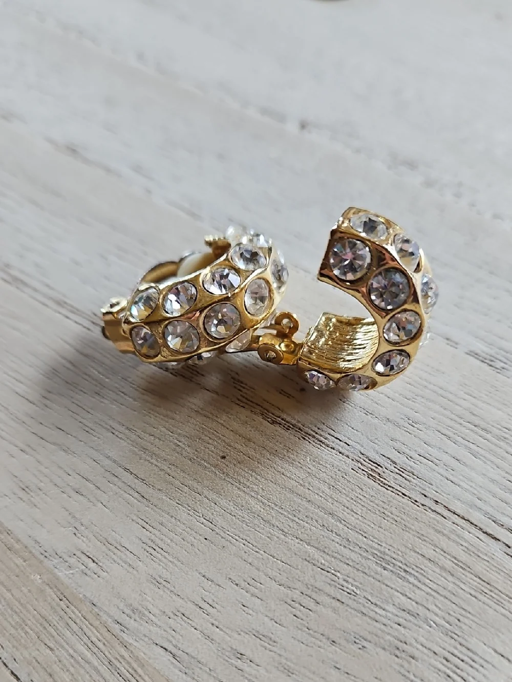 Clear rhinestone half hoop gold tone clip on earrings Prom Wedding - Picture 7 of 7